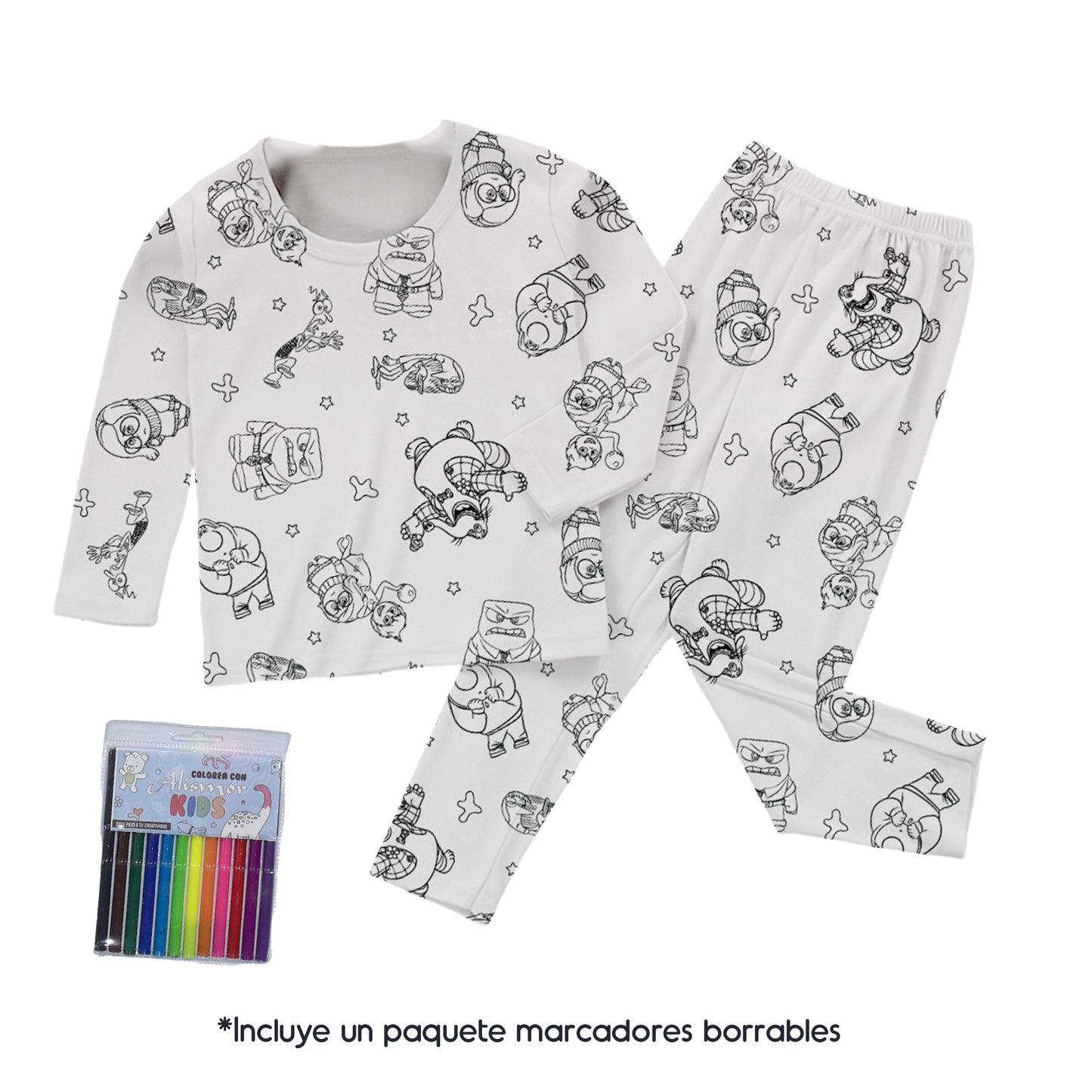 PINTUPIJAMA - Conjunto de pijama de dos piezas para colorear + Paquete de Marcadores Borrables