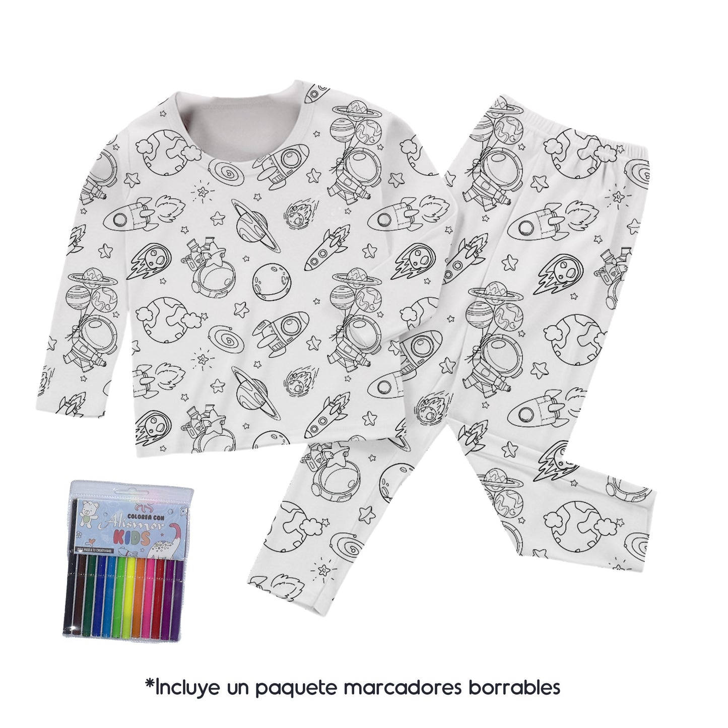 PINTUPIJAMA - Conjunto de pijama de dos piezas para colorear + Paquete de Marcadores Borrables