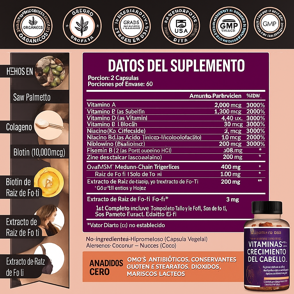 Vitaminas para el crecimiento del cabello | Biotina, colágeno, patentado 60 Capsulas