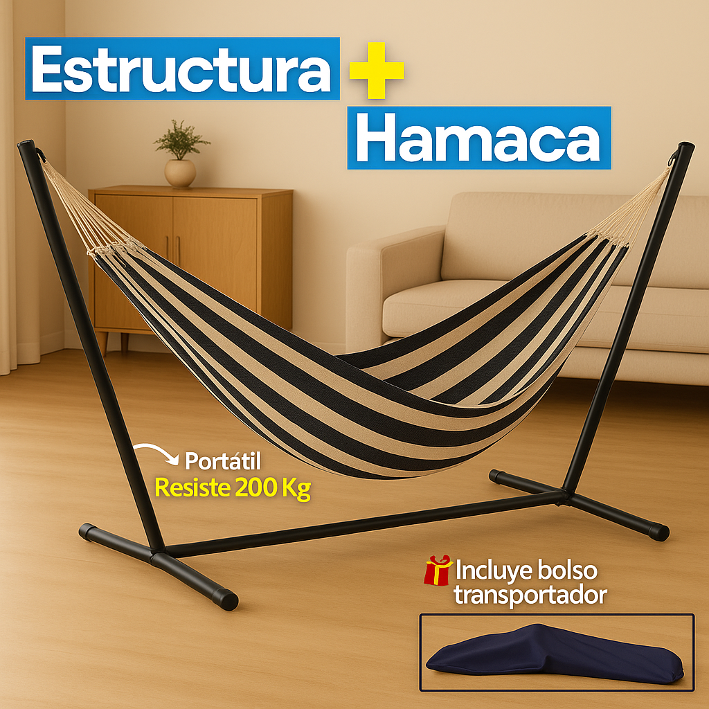 Hamaca + Soporte Metalico + Bolsa de Transporte | Aguanta 200 KG