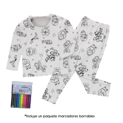 PINTUPIJAMA - Conjunto de pijama de dos piezas para colorear + Paquete de Marcadores Borrables