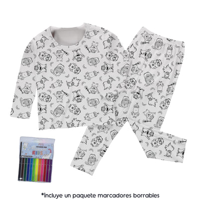 PINTUPIJAMA - Conjunto de pijama de dos piezas para colorear + Paquete de Marcadores Borrables