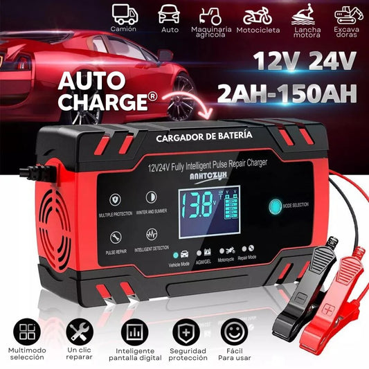 Cargador de Bateria Profesional para Carro o Moto 12v + Pantalla
