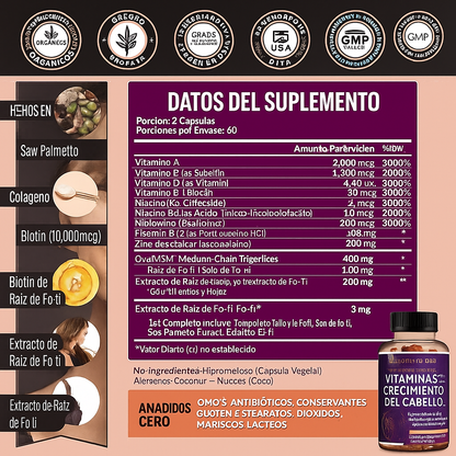 Vitaminas para el crecimiento del cabello | Biotina, colágeno, patentado 60 Capsulas