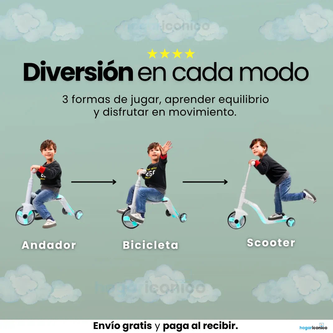 Monopatin 3 En 1 Triciclo Bicicleta Impulso