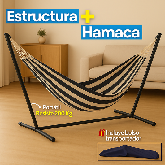 Hamaca Portátil + Soporte Metalico + Bolsa de Transporte | Aguanta 200 KG
