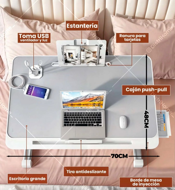 Mesa plegable con altura ajustable, cajones y puerto USB